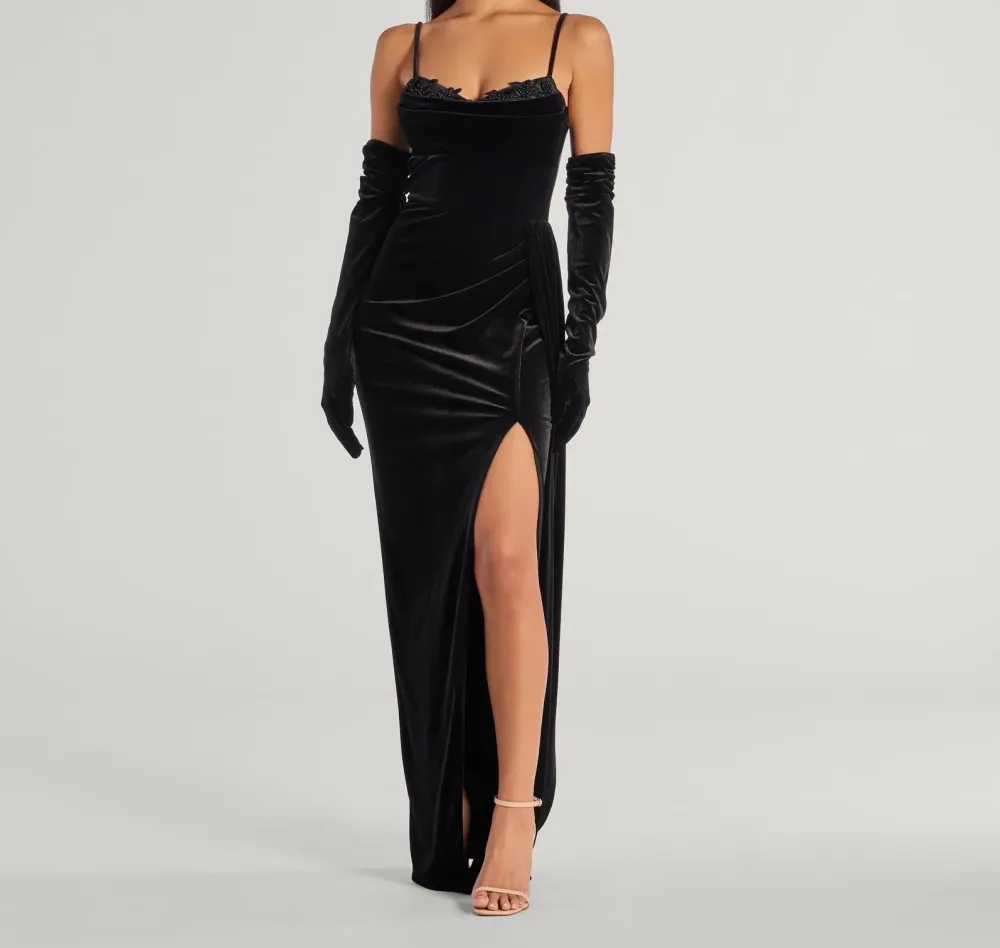 Beaded Appliqué Velvet Column Dress
