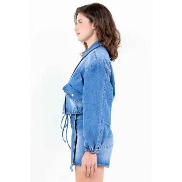 Plus Size Drop-Shoulder Cropped Denim Jacket with Waist Strap