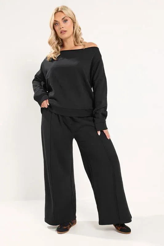 Black Off Shoulder Sweatshirt & Jogger Wide Leg Set