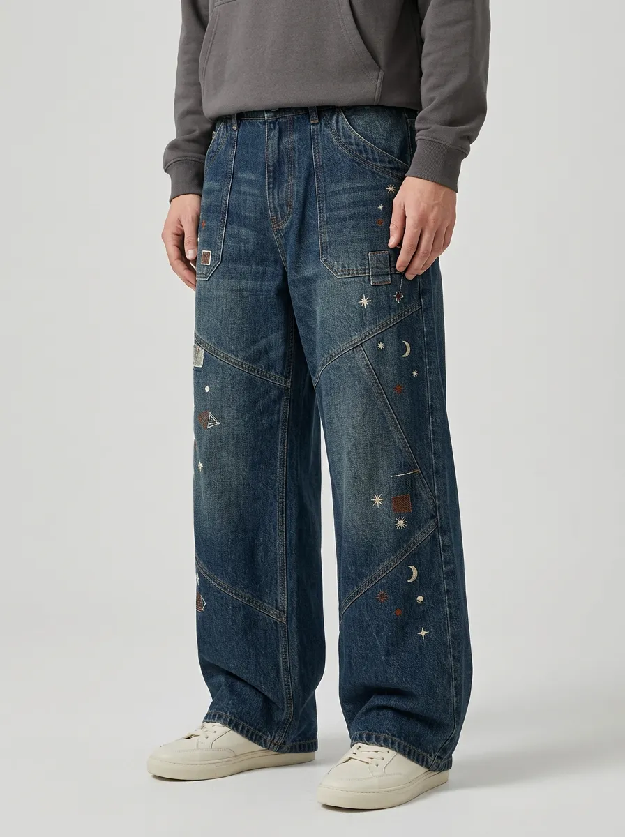 Men's Celestial Moon Star Embroidered Printed Wide Leg Jeans