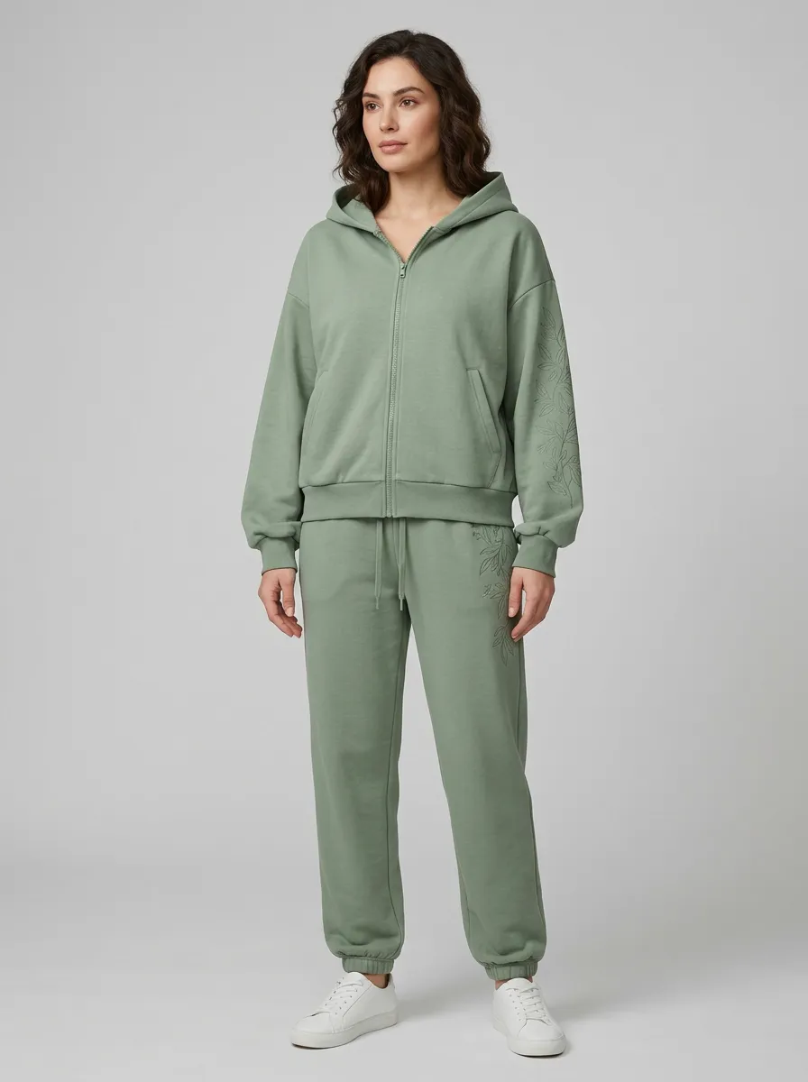 Women's Sage Green Floral Embroidered Everyday Zip-Up Hoodie Jacket & Jogger Set