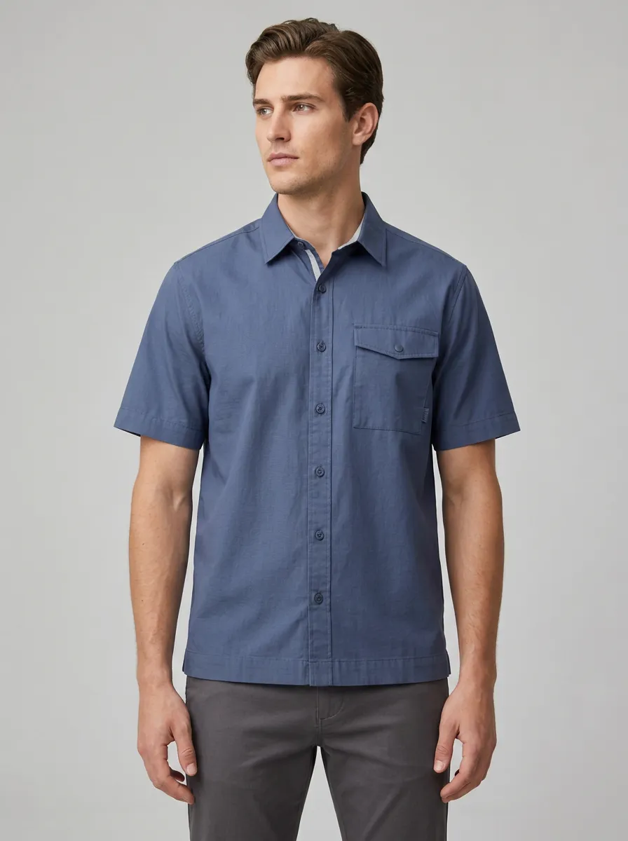 Men's Breathable Casual Solid Blue Button-Down Short Sleeve Shirt