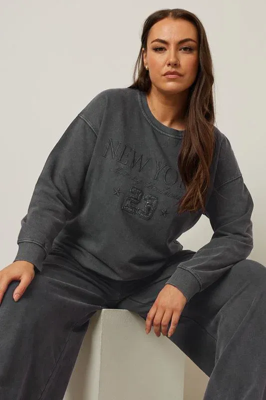 Charcoal Grey 'New York' Embroidered Slogan Sweatshirt