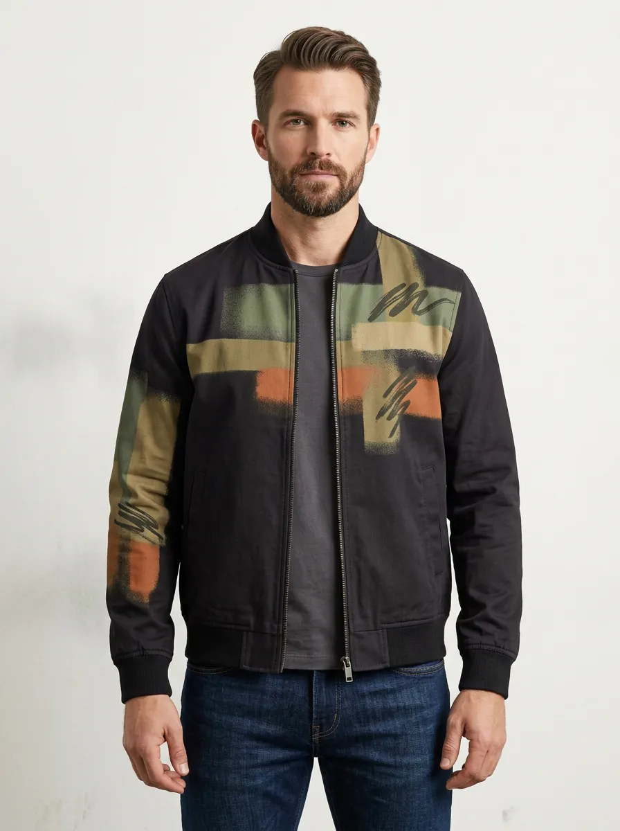 Spray-Effect Print Bomber Jacket