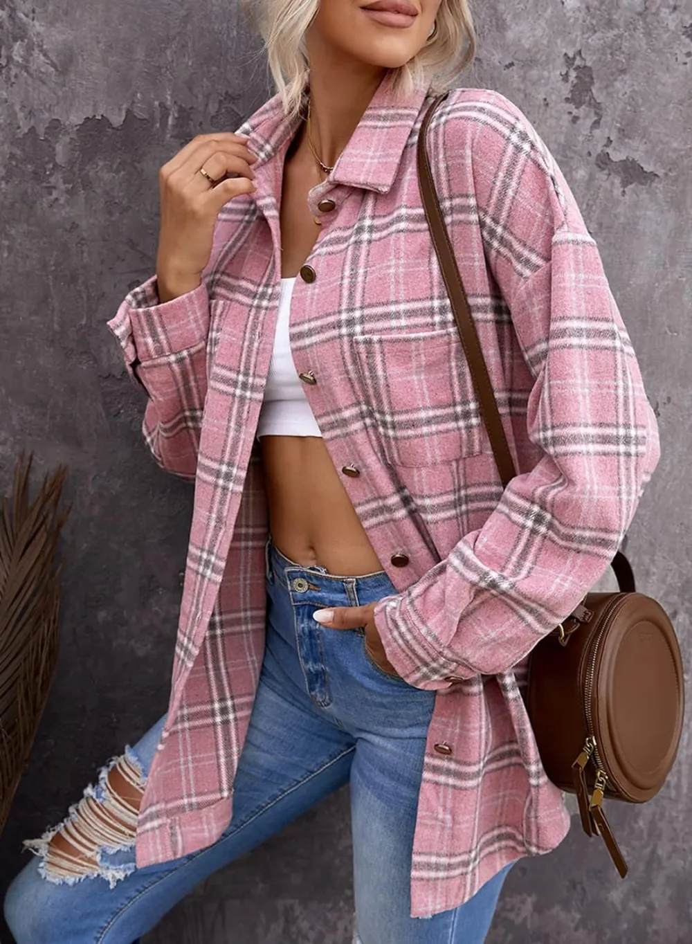 Women's 2023 Fall Clothes Plaid Shacket Jacket Long Sleeve Button Down Flannel Shirts Fashion Blouse