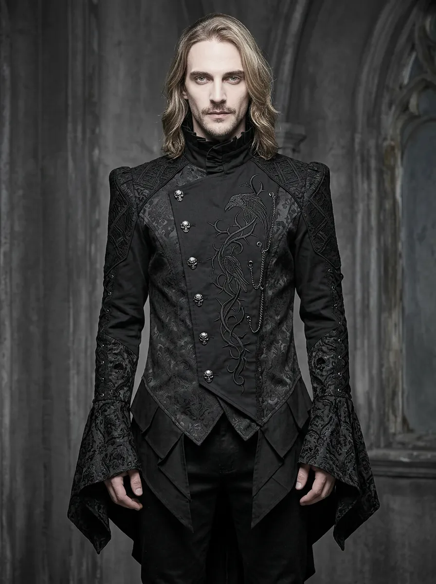 Dramatic Skull Raven Embroidered Profile Men's Gothic Asymmetric Shirt