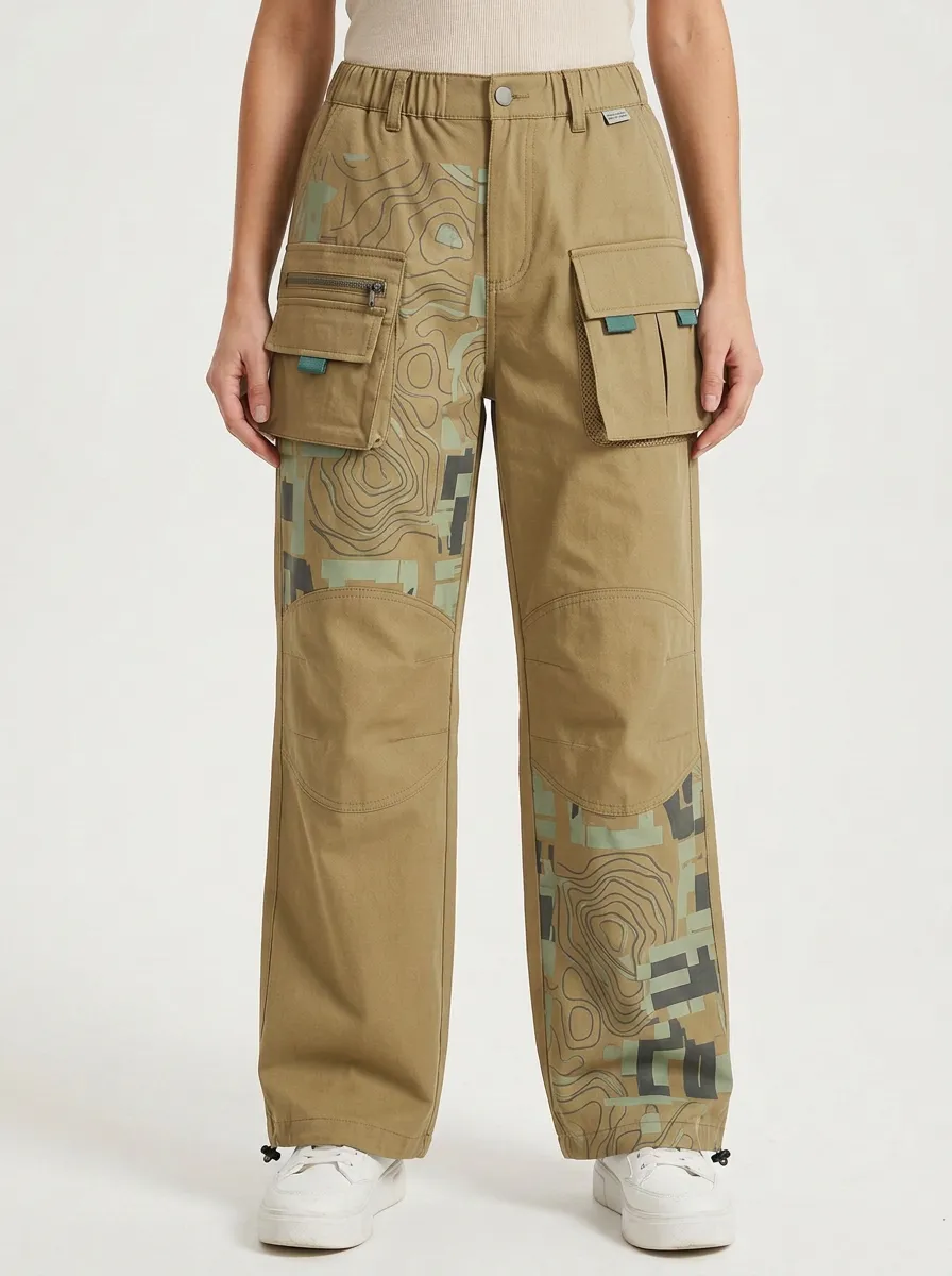 Women's Olive Green Graphic Panel Cargo Pants