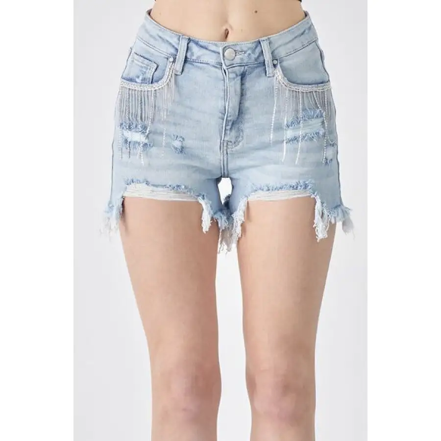Risen Frayed Hem Denim Shorts with Fringe Detail Pockets