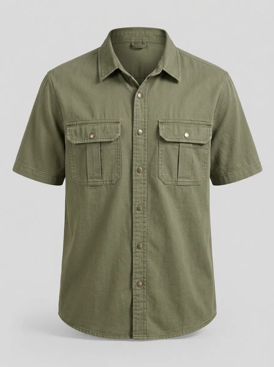 Men's Olive Green Utility Short-Sleeve Shirt - Design C
