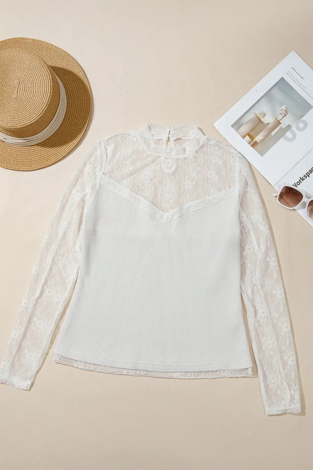 Stand Neck Waffle Knit Fitted Long Sleeve Top