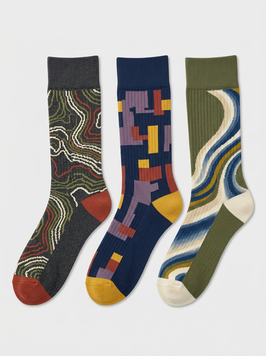 Men's Abstract Geometric Art Topographic Three-Pack Socks
