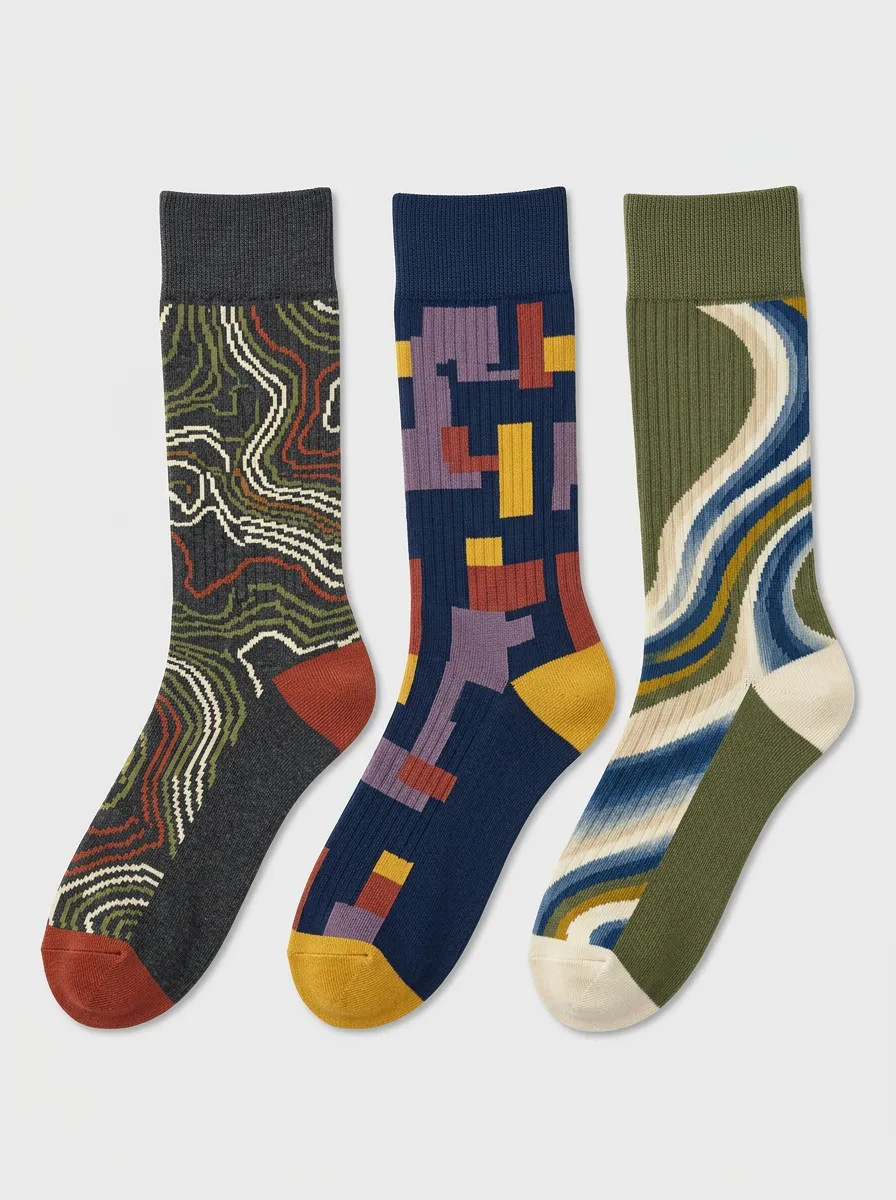 Men's Abstract Geometric Art Topographic Three-Pack Socks