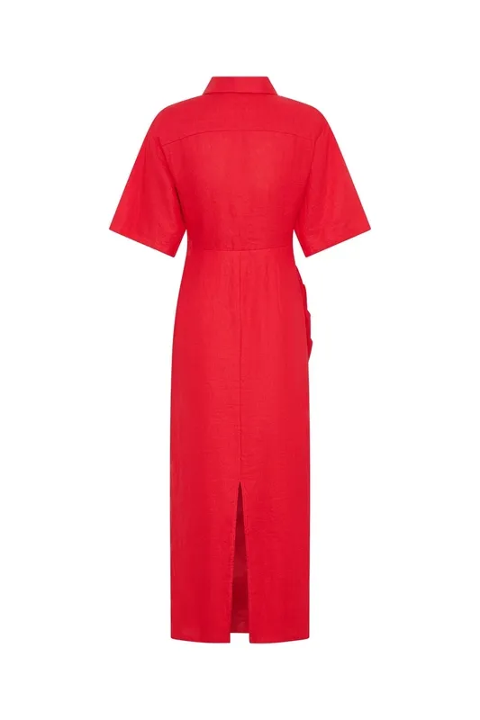 Red Ruched Midi Dress