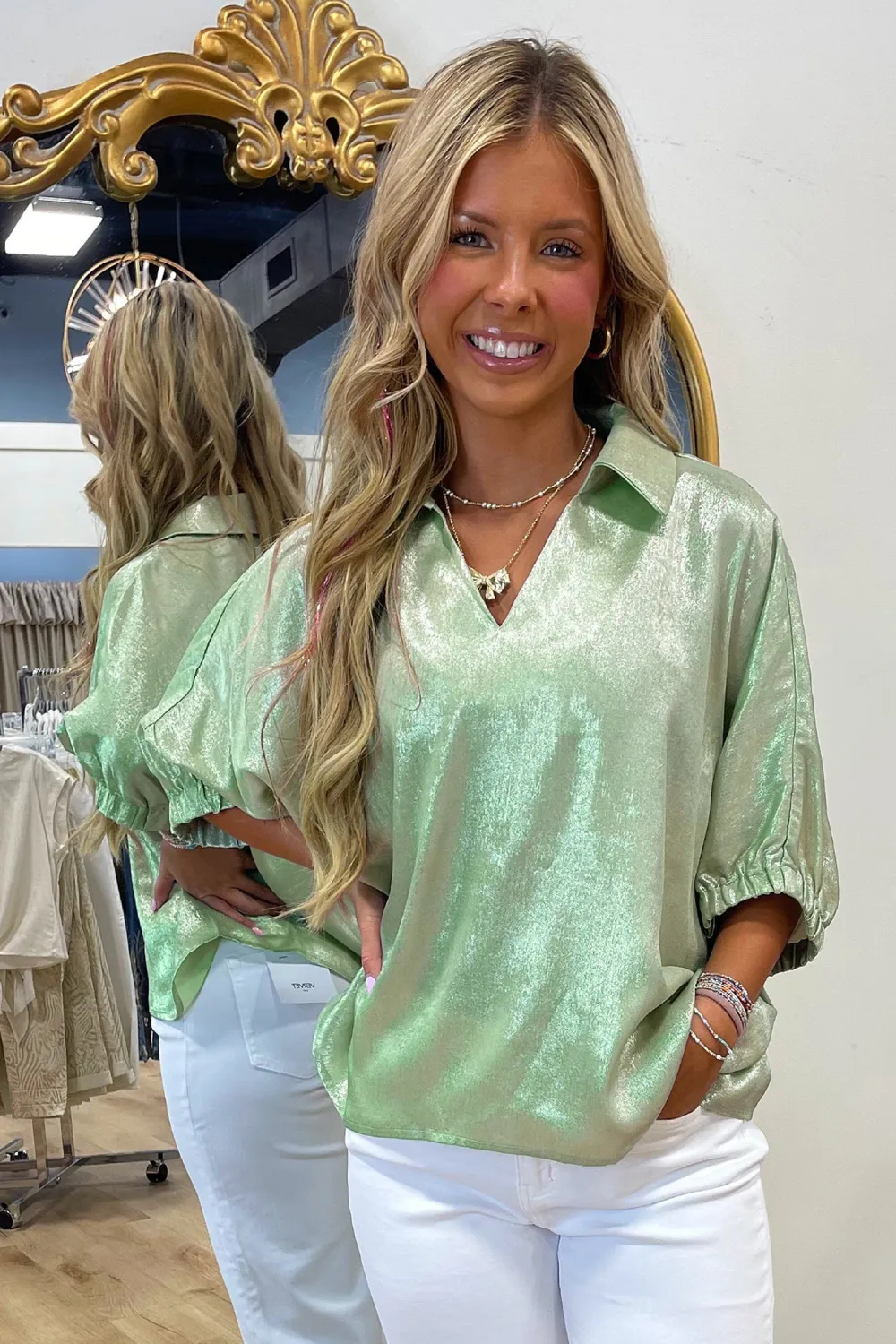Aqua Collared V Neck Top