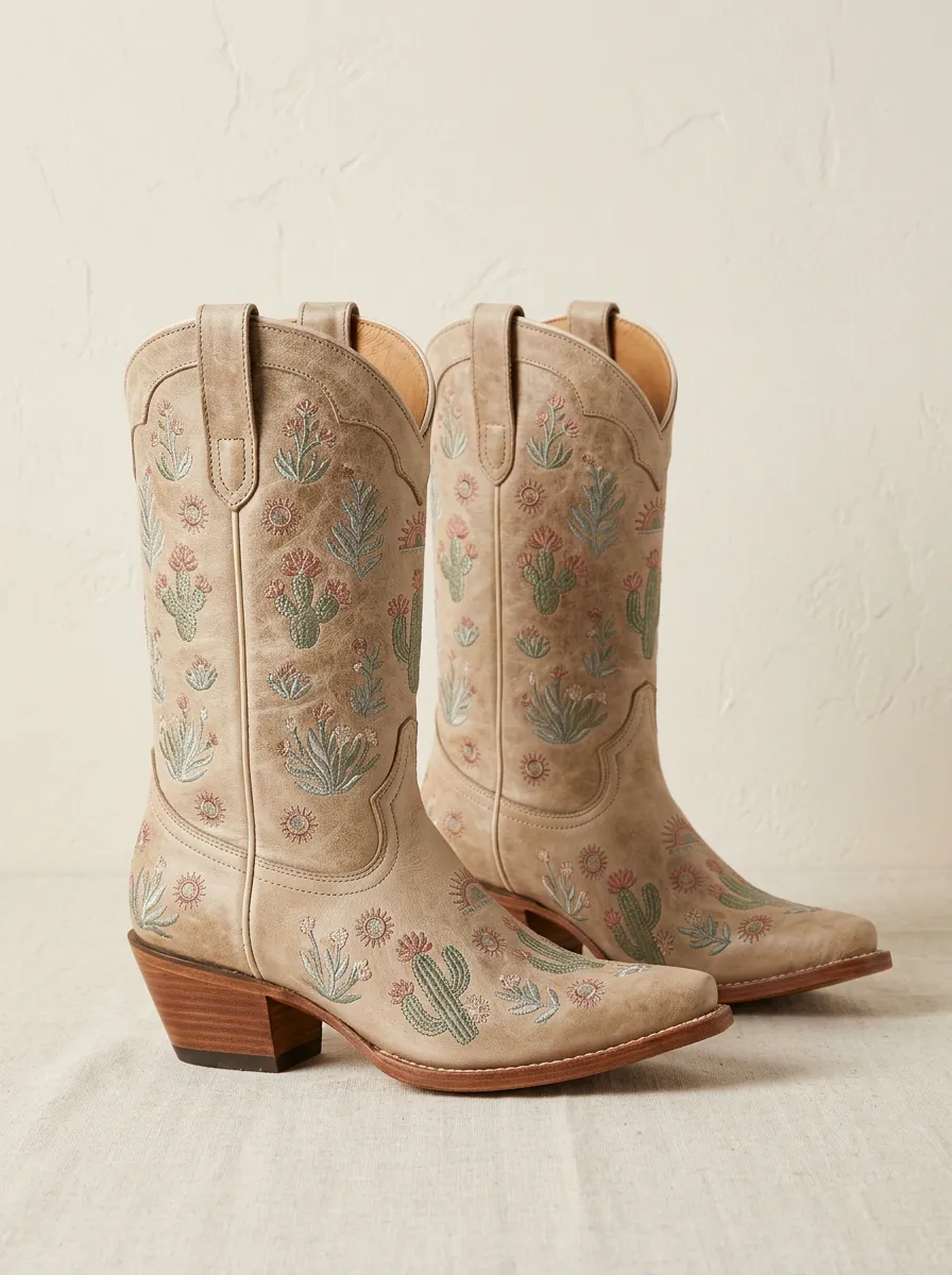 Range Cactus Floral Embroidered Country Style Unisex Western Cowboy Boots