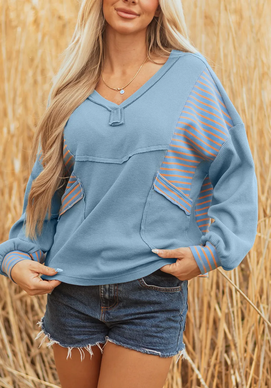 Women's Striped Waffle Knit Oversized Fit Pullover Top