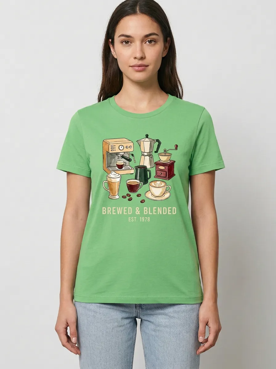 Women's Coffee-Inspired Espresso Machine Printed T-Shirt