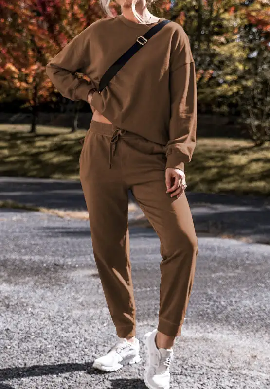 Side Slit Round Neck Long Sleeve Top And Pants Set