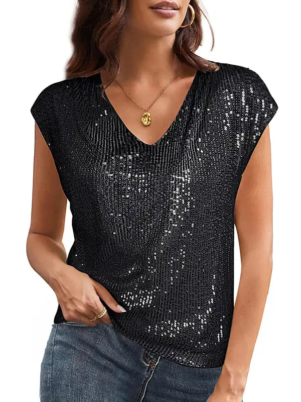 Batwing Sleeve Relaxed Sequined Shiny V-Neck T-Shirt