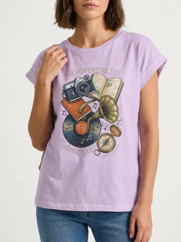 Women's Travel Adventure Wanderlust Camera Book Compass Graphic T-Shirt