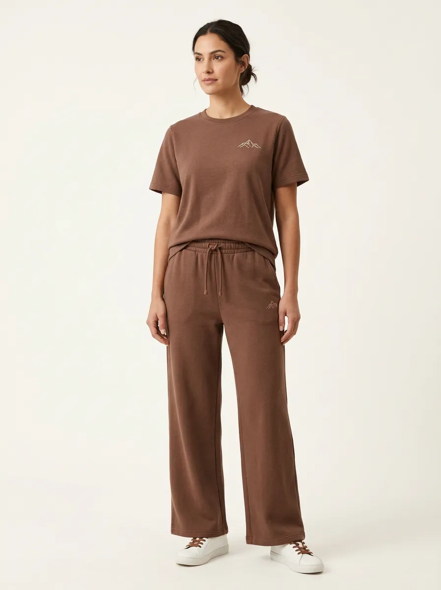 Women's Mountain Embroidered Crewneck T-Shirt and Wide-Leg Pants Set
