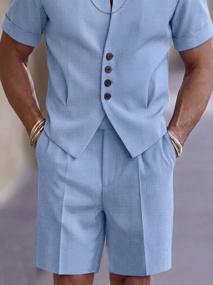 Button-Placket Woven Shirt & Shorts Set