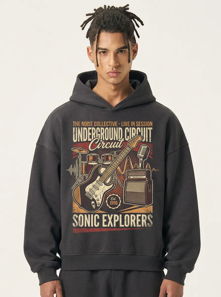 Men‘s Rock Band Music Lover Guitar Drum Printed Hoodie