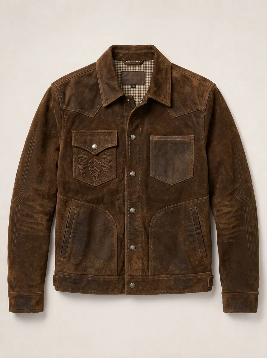 Men's Western Vintage Brown Suede Embroidered Feather Jacket