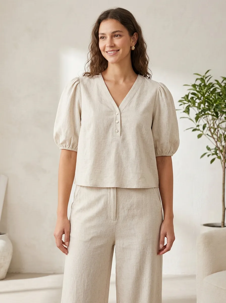 Puff-Sleeve Short-Sleeve Button-Front Women's V-Neck Shirt