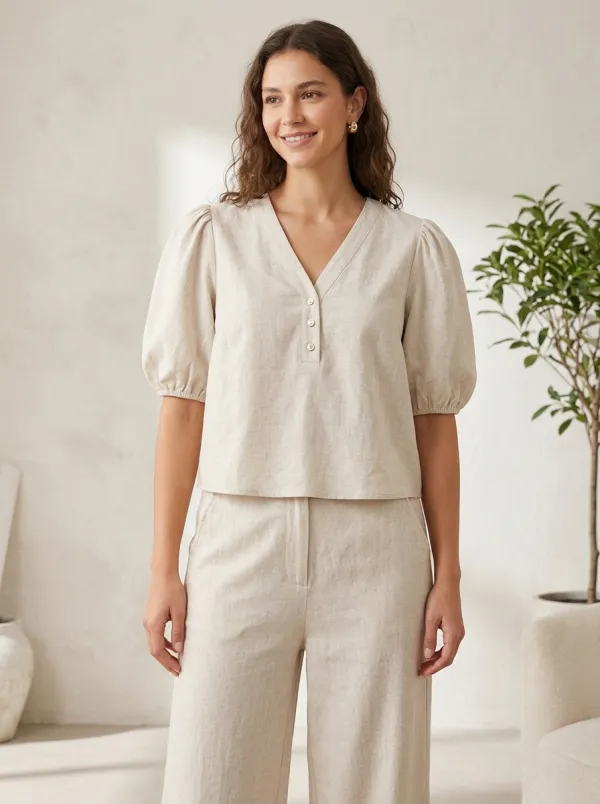 Puff-Sleeve Short-Sleeve Button-Front Women's V-Neck Shirt