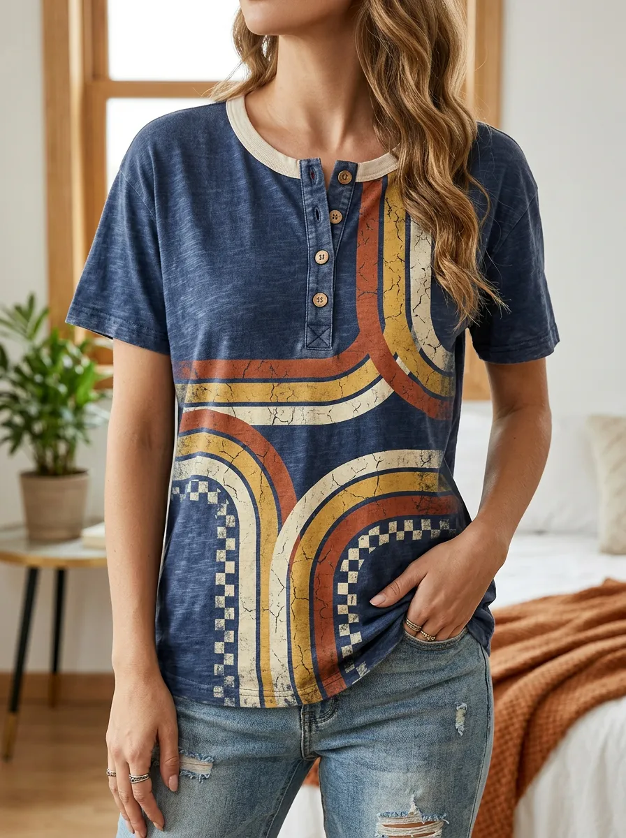 Women's Classic Retro Rainbow Checkered Henley T-Shirt