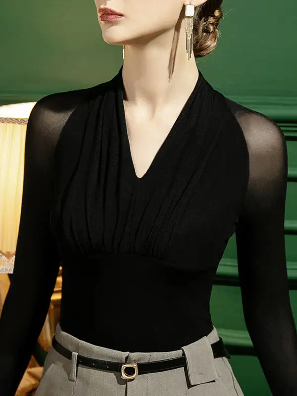 Casual Long Sleeve Slim Fit Mesh Pleat Detail Panel Detail V-Neck T-Shirt