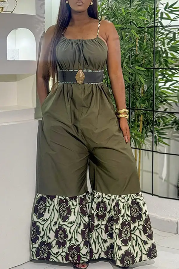 Floral Print Spaghetti Strap Patchwork Wide-Leg Jumpsuit