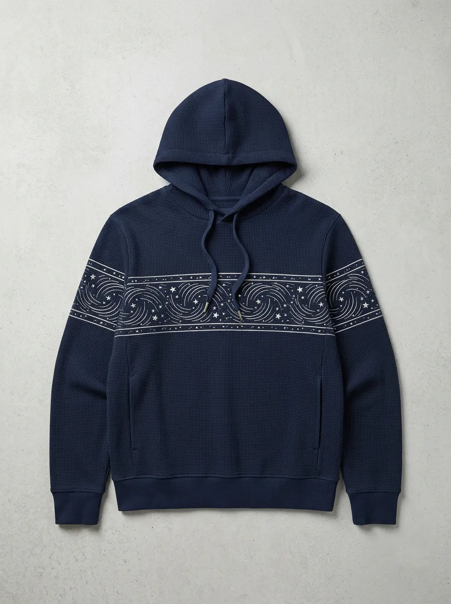 Men's Celestial Galaxy Star Swirl Graphic Waffle Waffle-Knit Pullover Hoodie