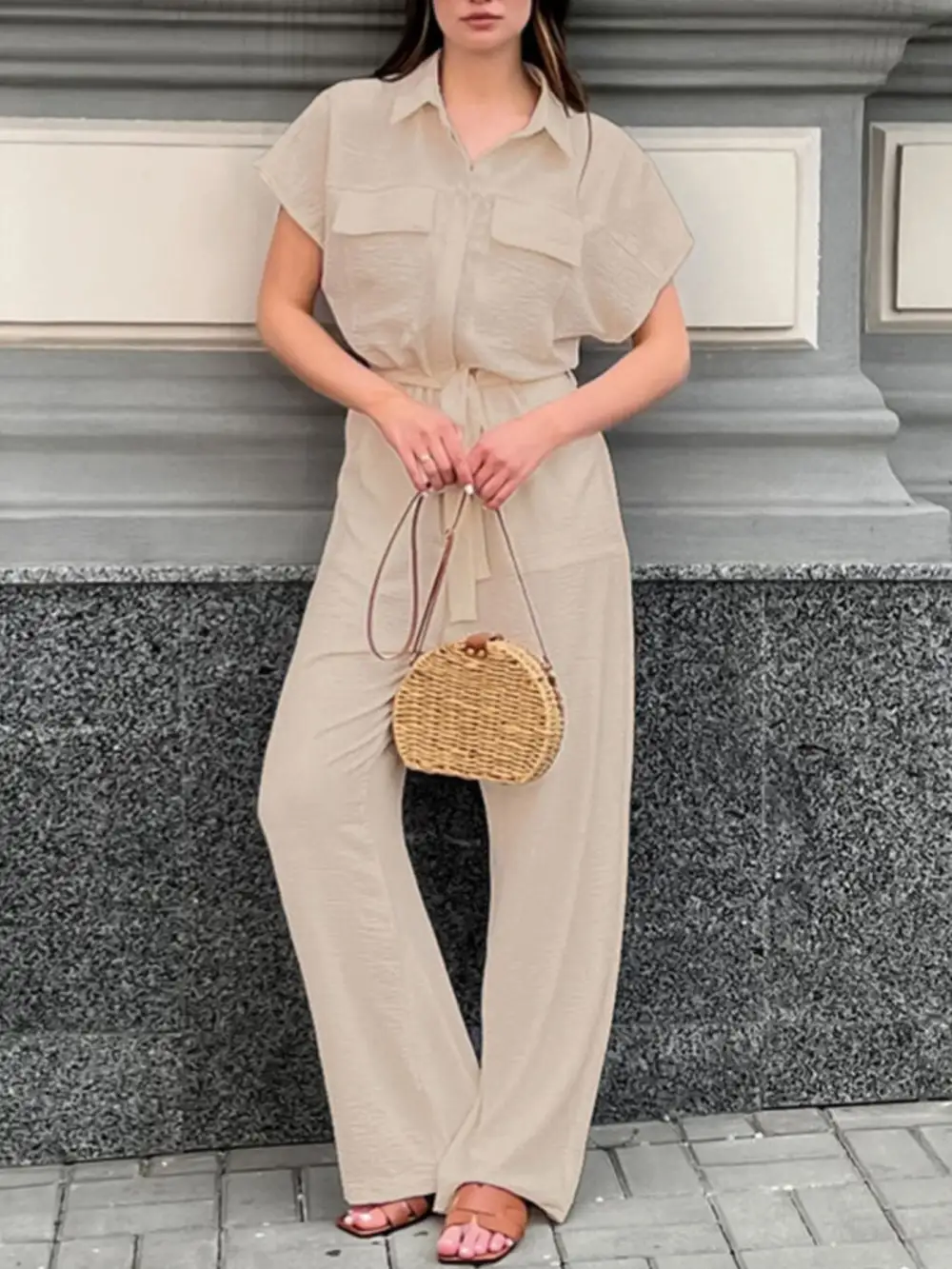 Chest Pocket Short Sleeve Wide Leg Shorts