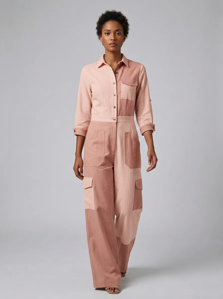 Women's Marin Casual Utility Two-Tone Colorblock Cargo Jumpsuit