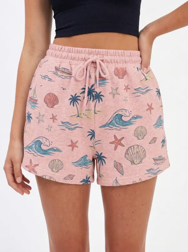 Women's Coastal Tropical Palm Shell Wave Graphic Shorts