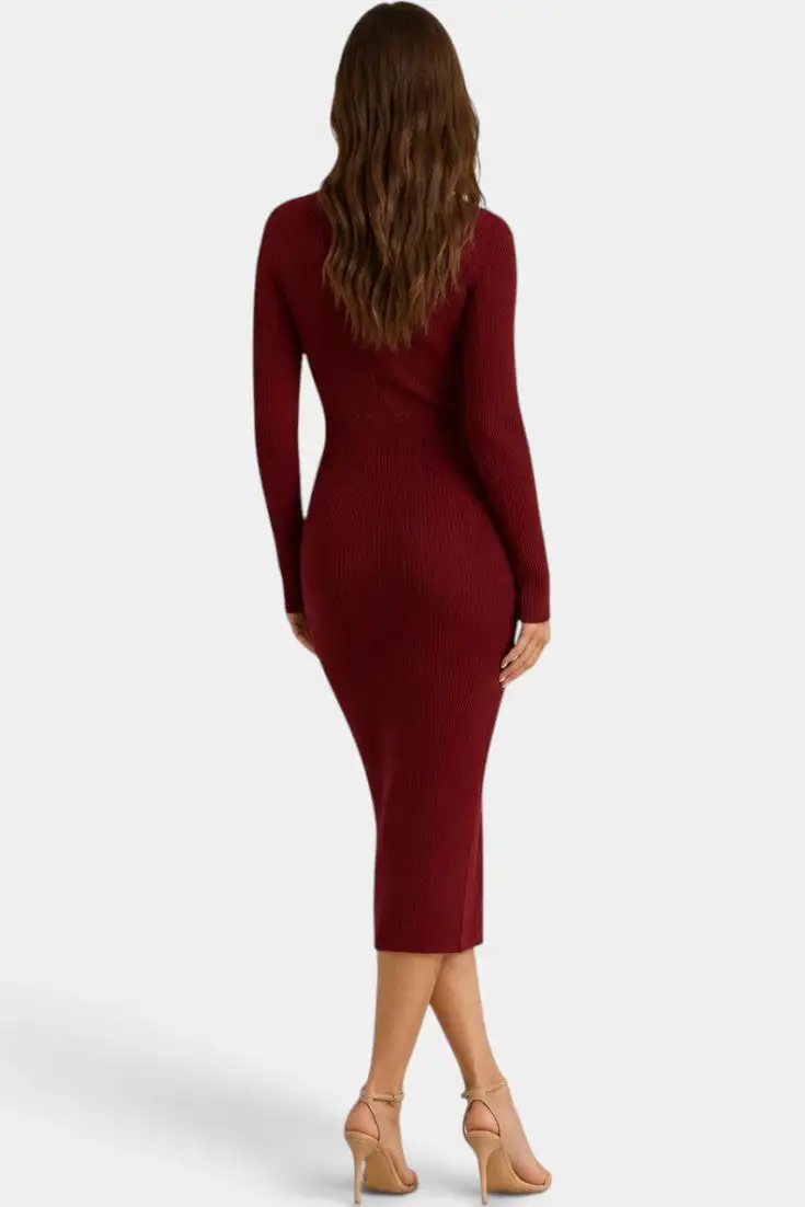 Ribbed-Knit V-Neck Midi Dress