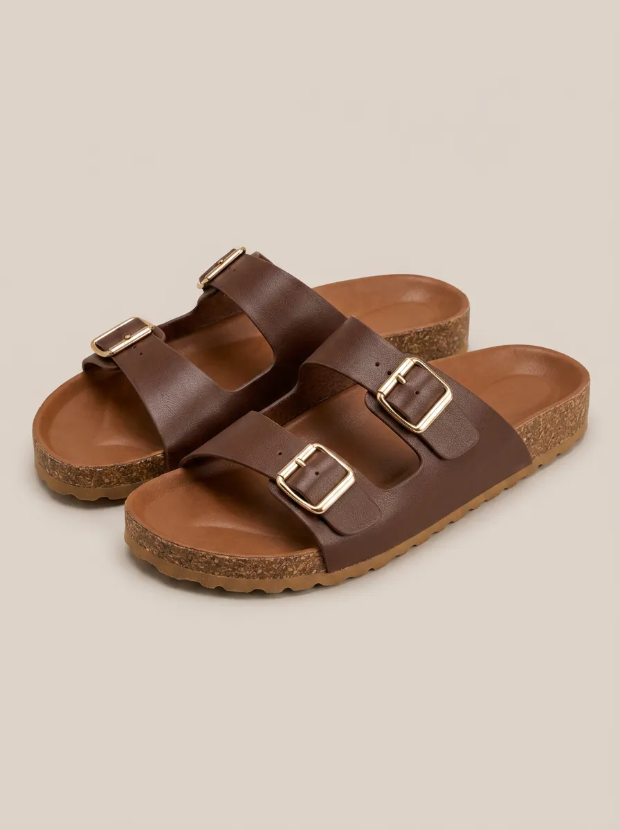 Unisex Brown Double Buckle Cork Footbed Sandals