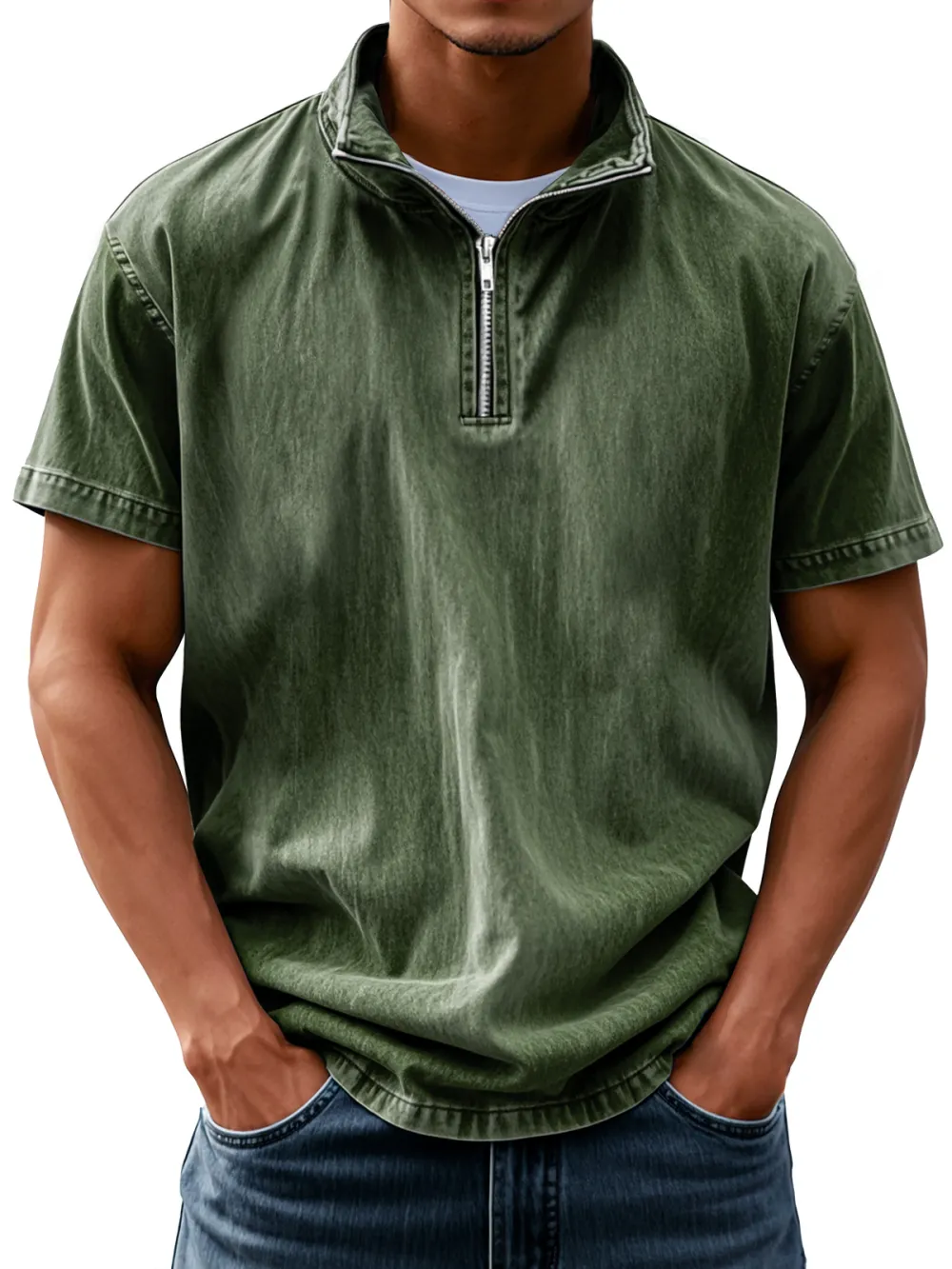 Short Sleeve Stand Collar Zip Front Shirt