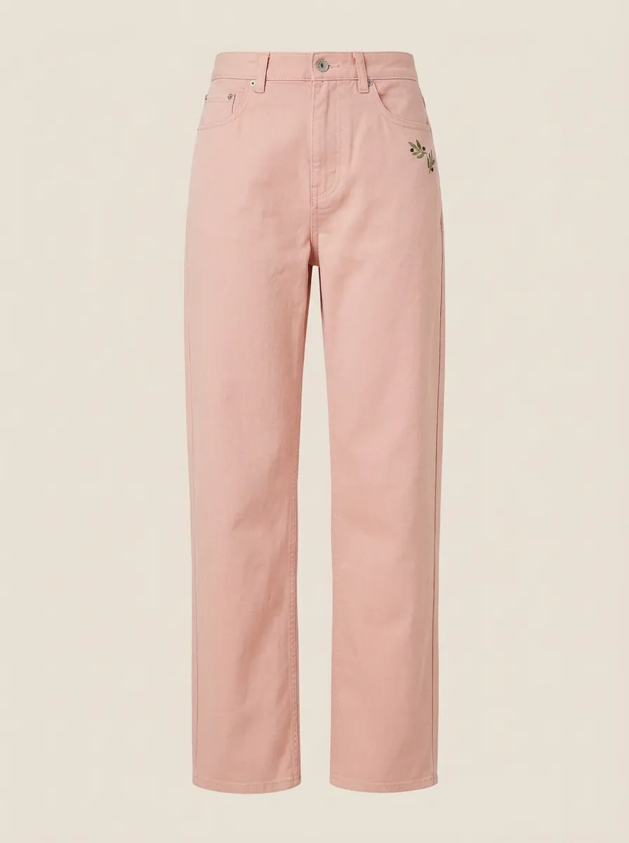 Women's Minimalist Olive Branch Embroidered Mid-Rise Straight Leg Pants