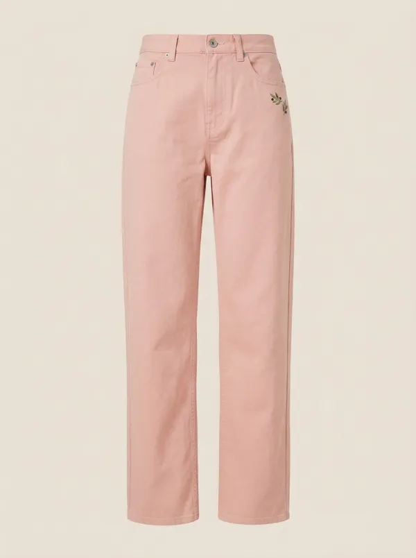 Women's Minimalist Olive Branch Embroidered Mid-Rise Straight Leg Pants