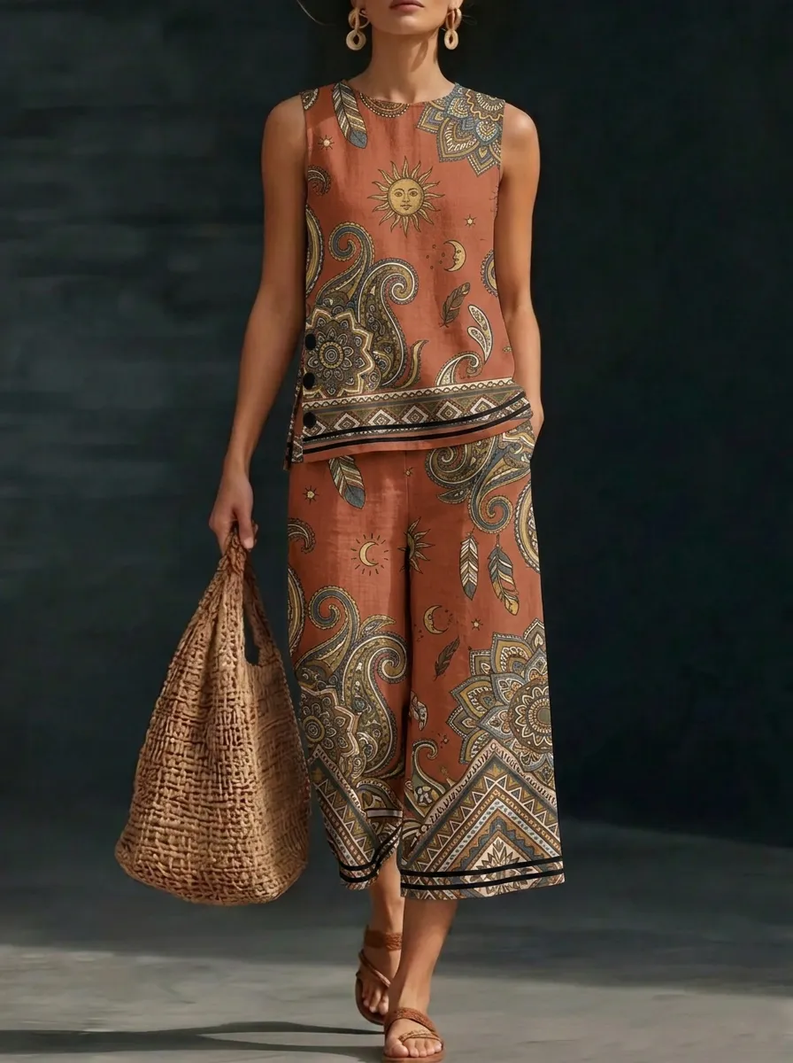 Women's Bohemian Sun Moon Paisley Printed Sleeveless Set