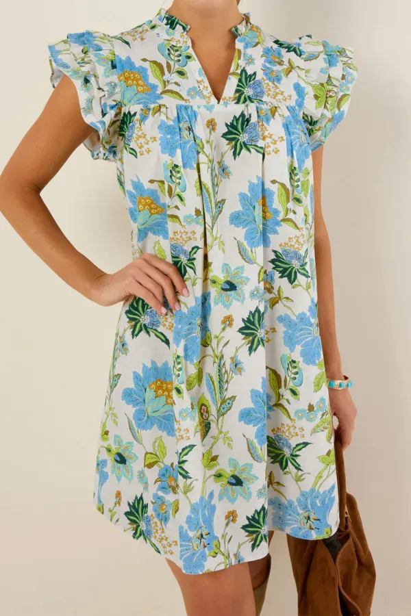 Beige Floral Ruffle Sleeve Dress