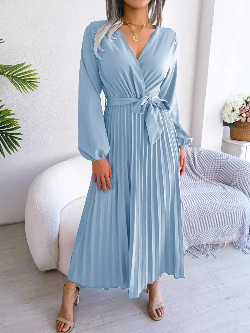Pleated Long Sleeve Dress Casual