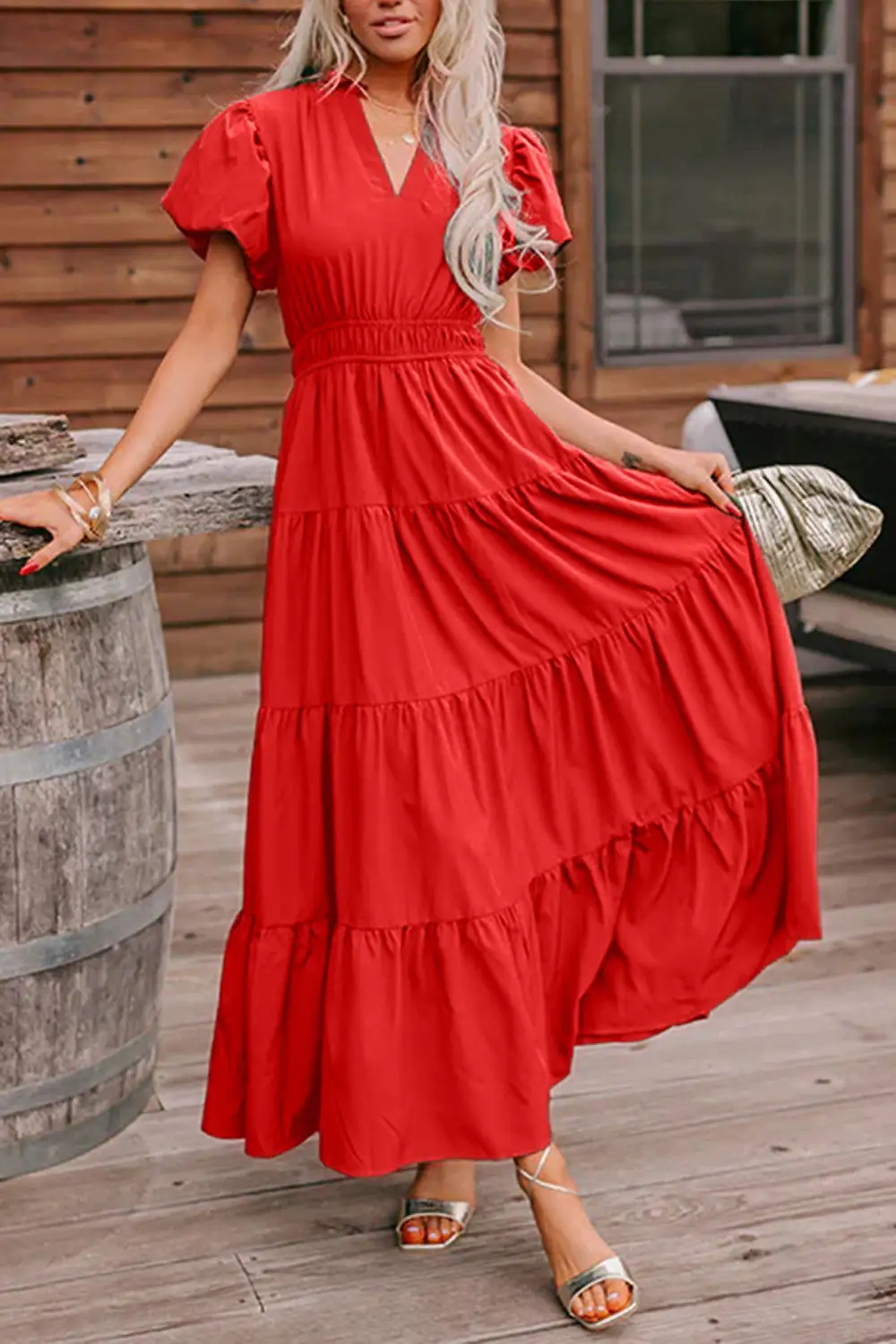 Neck Puff Sleeve High Neck Maxi Dress