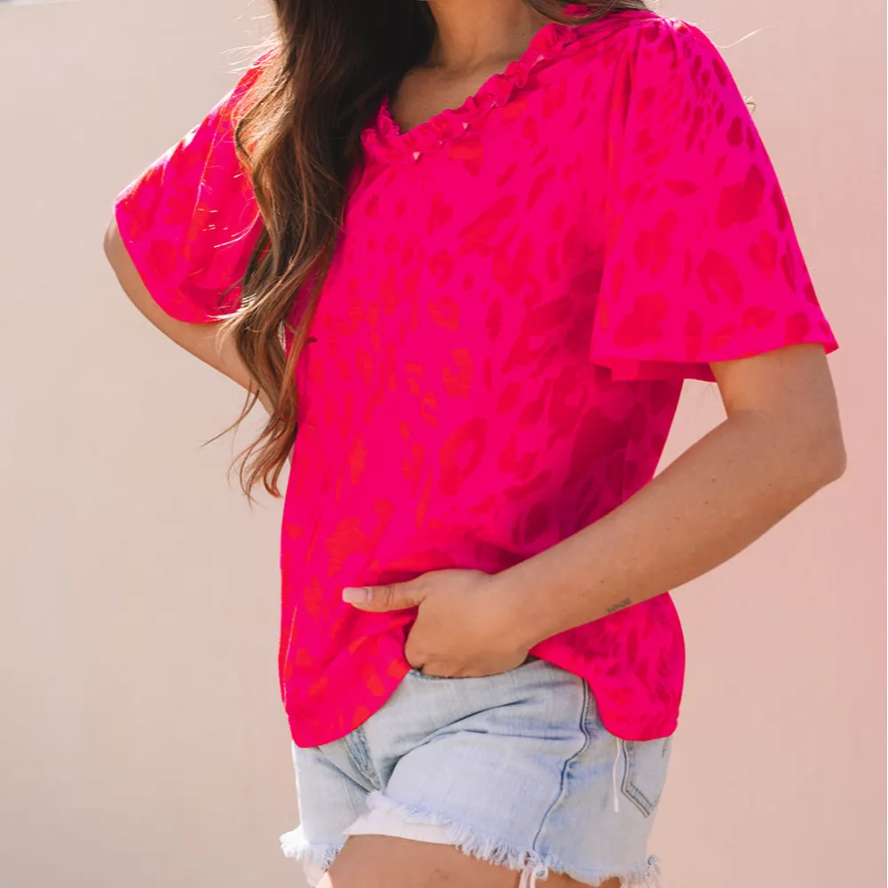 Easygoing Leopard Print V-Neck Short Sleeve Blouse