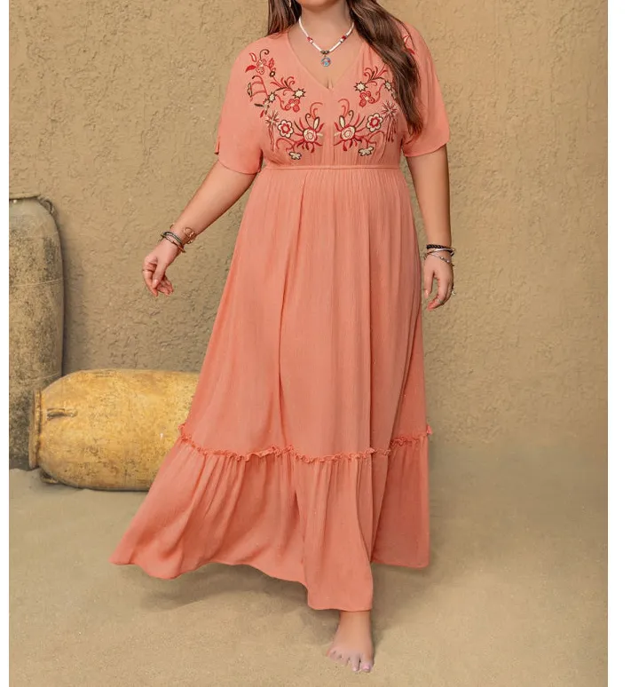 Plus Size Frill Embroidered V Neck Half Sleeve Maxi Dress