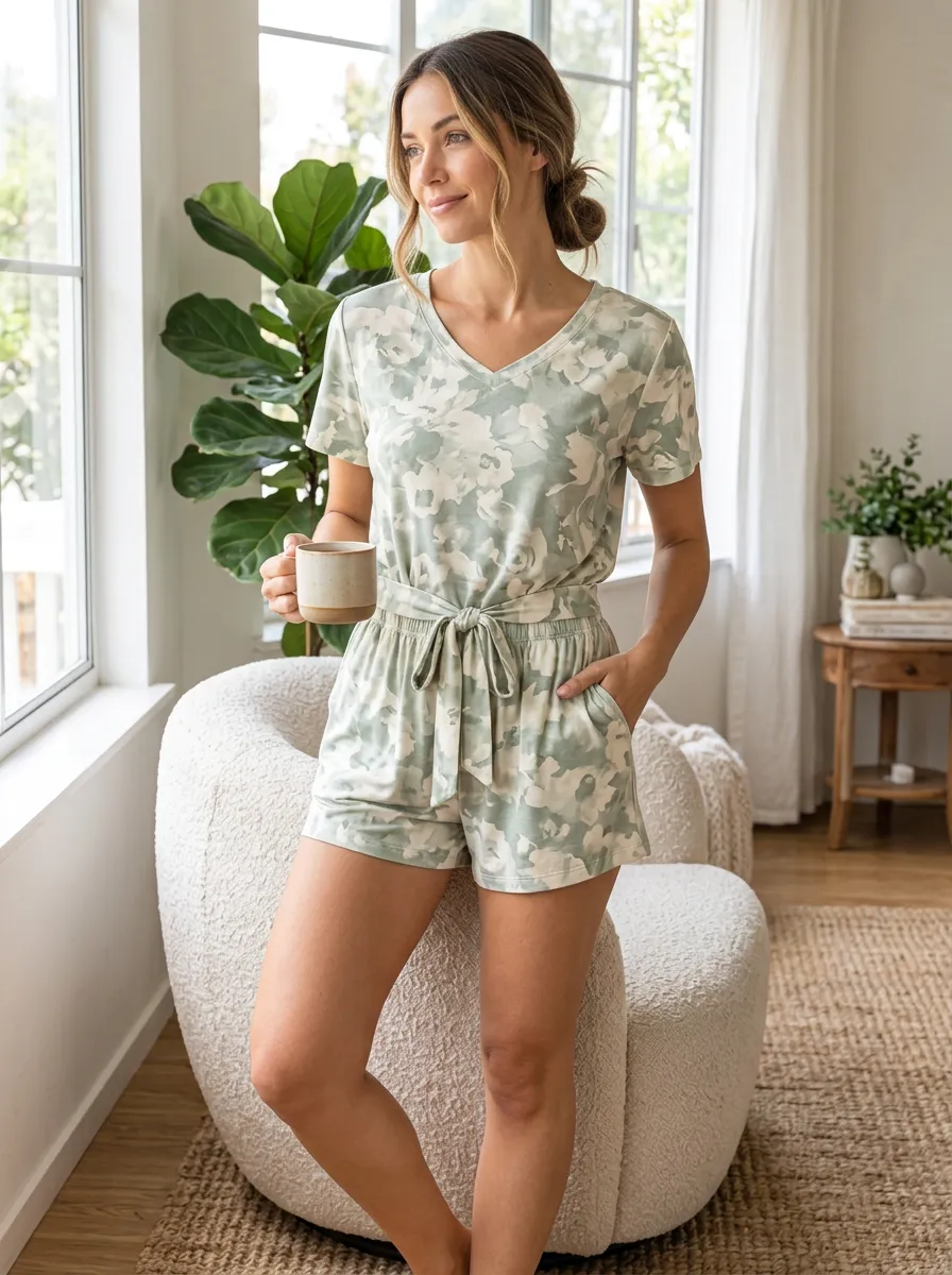 Women's Sage Green Floral Printed Loungewear Set