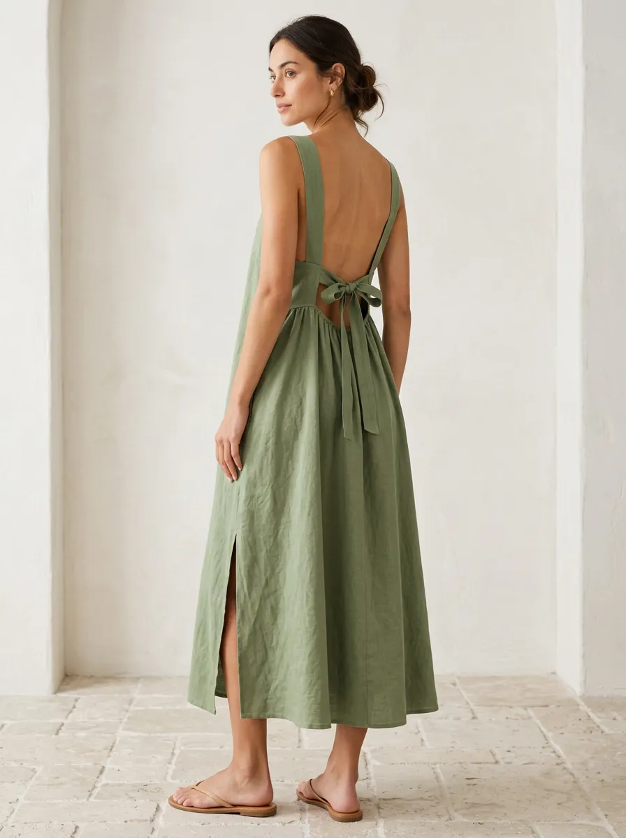 Women's Easy-Layer Casual Tie-Back Linen Backless Dress